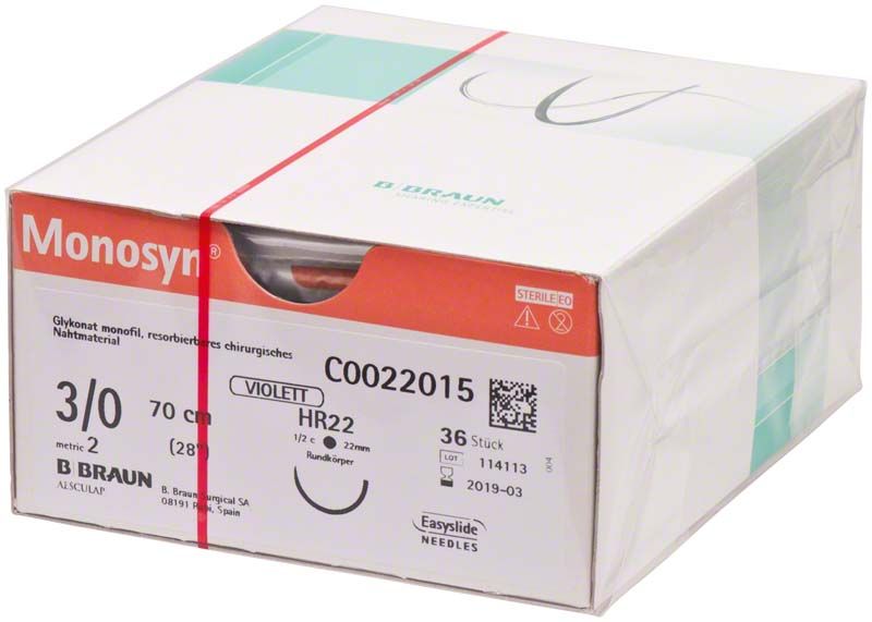 Monosyn® chirurgisches Nahtmaterial, 3/0, 70 cm, 36 Stück Verpackung.