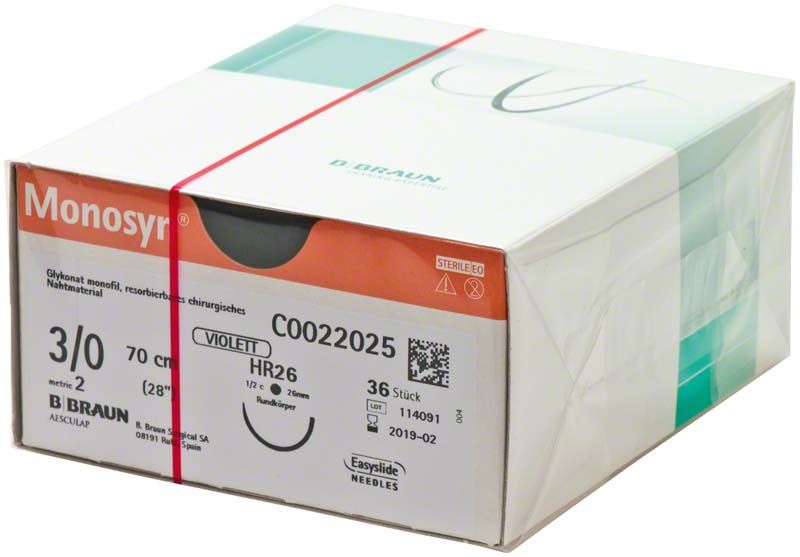 Monosyn® chirurgisches Nahtmaterial 3/0, 70cm, violett, 36 Stück, sterile Verpackung.