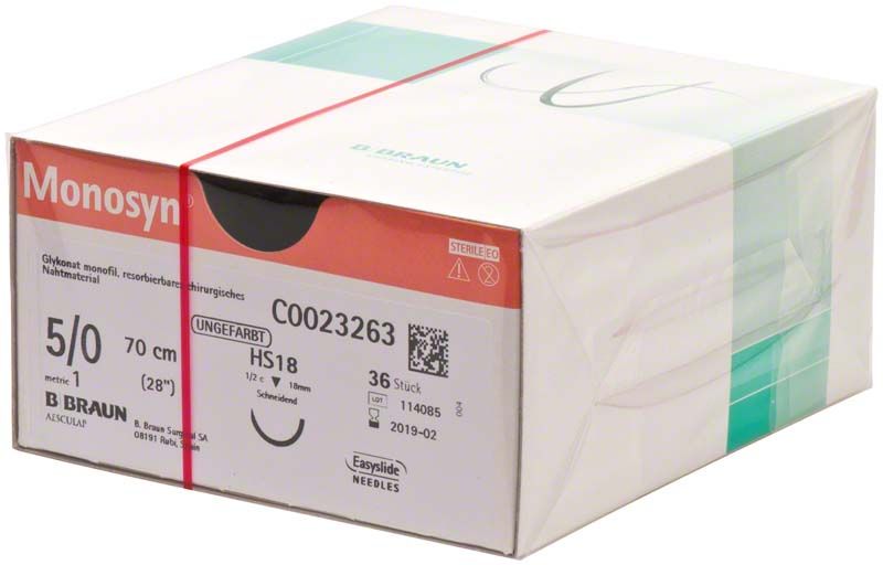Verpackung von Monosyn® 5/0 Nahtmaterial, 70 cm, HS18, steril.