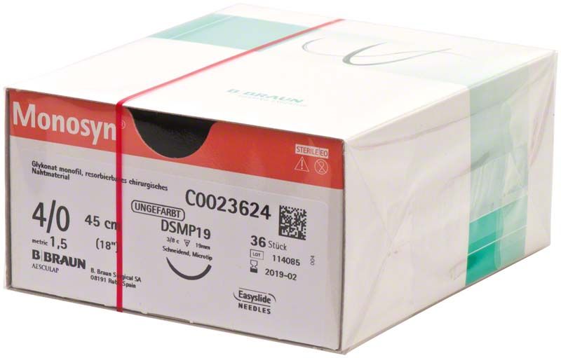 Monosyn® chirurgisches Nahtmaterial 4/0, 45cm, Packung mit 36 Stück.