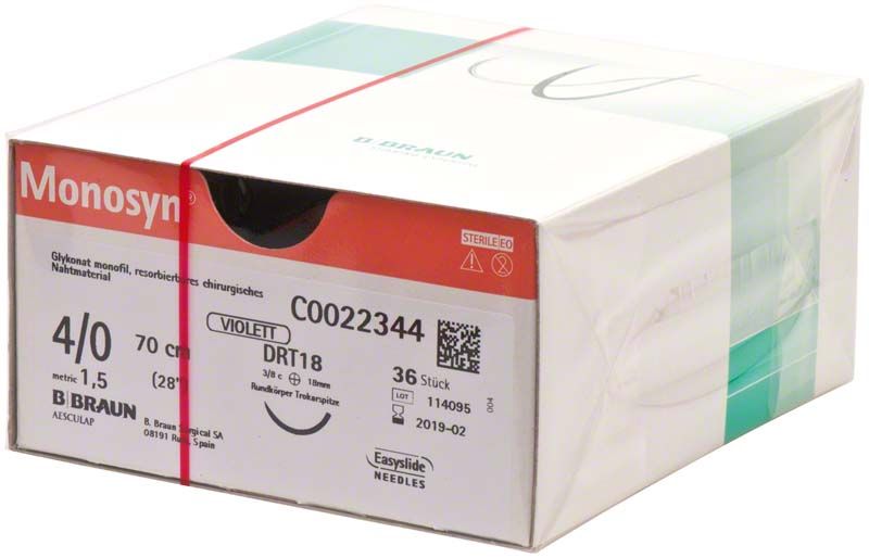 Verpackung von Monosyn®-Nahtmaterial, 4/0 Stärke, 70 cm, violett.
