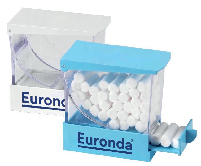 Blauer Monoart Watterollenspender mit Zahnwatterollen im Inneren.