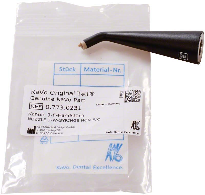 Kanüle 3-F-Handstück vor Verpackung mit Produktinformationen.
