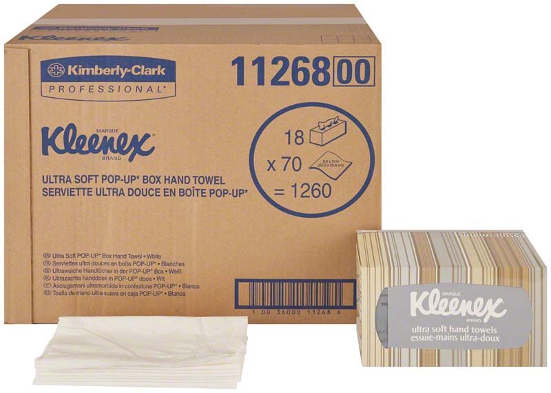 Kleenex ultra soft Pop-Up Box mit Papiertüchern und Verpackung.
