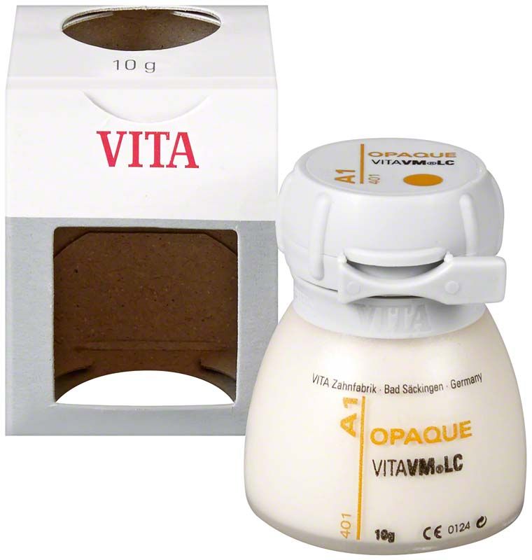 Weißes Behältnis mit VITAVM LC Opaque classical Dose A1 neben Verpackung.