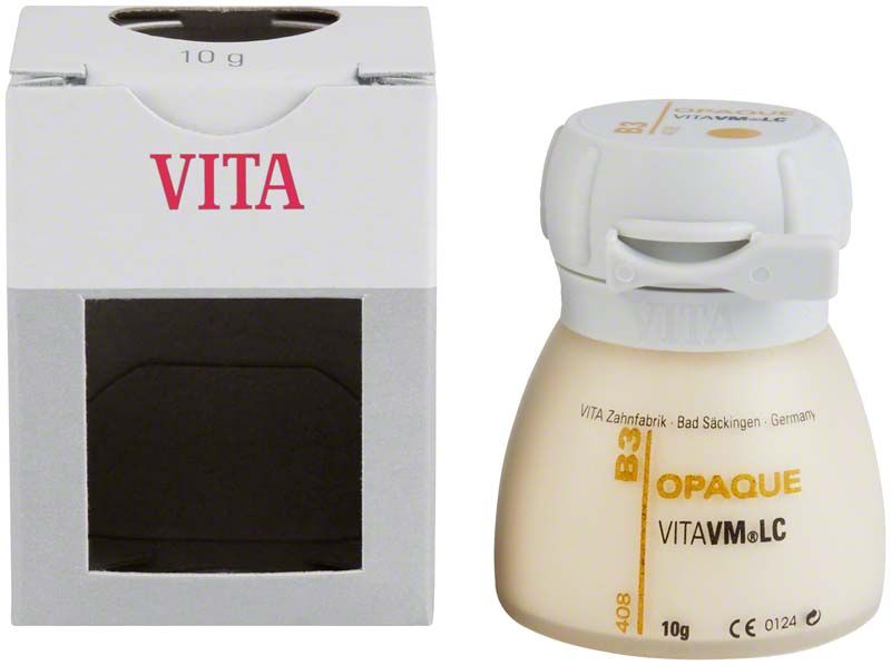 Dose VITAVM LC Opaque B3 neben weißer Verpackung mit rotem VITA-Logo.