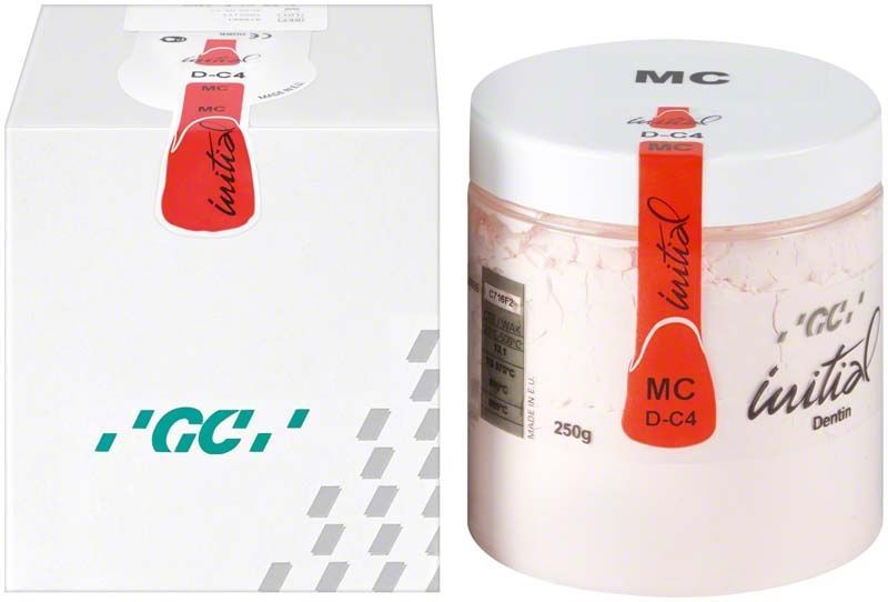 Weiße Verpackung und Dose mit GC Initial MC Dentin 250g DC4.
