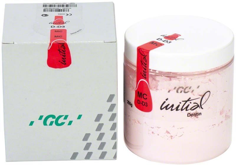 GC Initial MC Dentin 250g DD3 in weißer Verpackung und Glasbehälter.