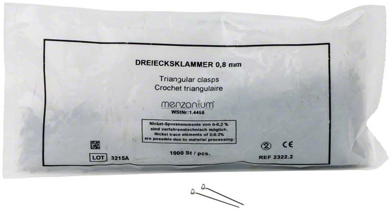 Dreiecksklammer MENZANIUM® Verpackung mit 1000 Stück und zwei Klammern im Vordergrund.