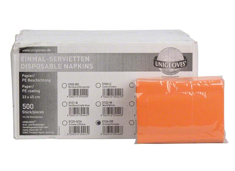 Einmal-Servietten in Orange mit wasserabweisender PE-Beschichtung, Verpackung sichtbar.