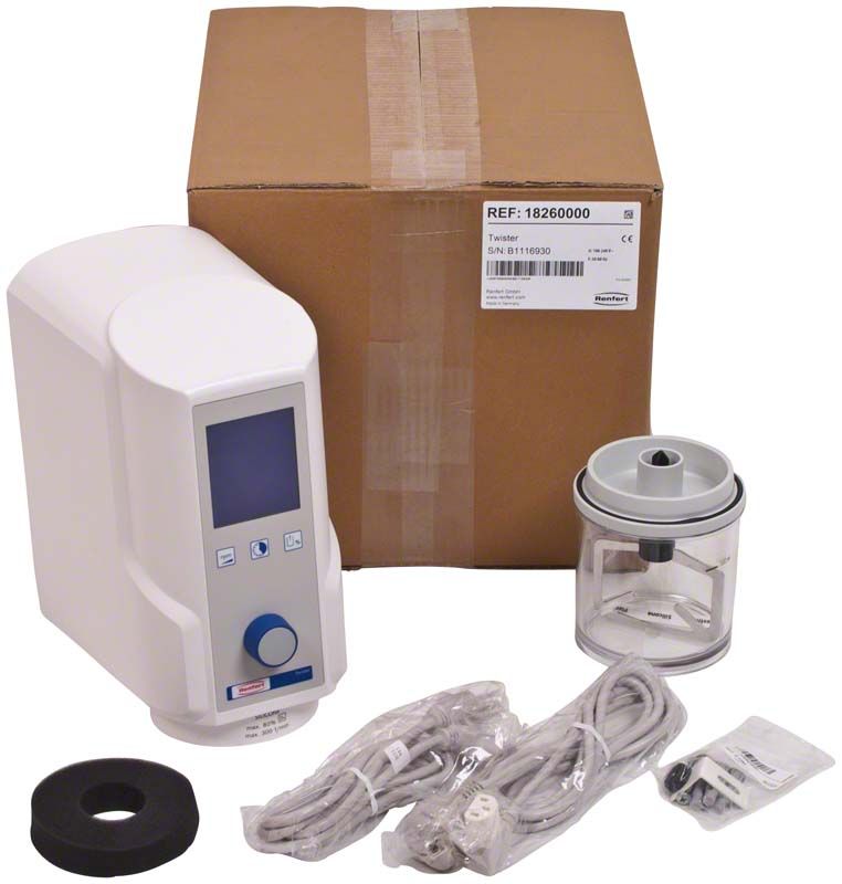 Vakuumanmischgerät Twister mit Zubehör, Kartonverpackung und klarer Mischbecher.