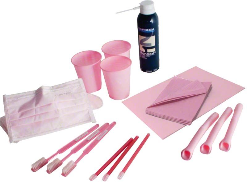 Monoart ColourLine Dentalpaket Rosa mit Bechern, Bürsten und Servietten.