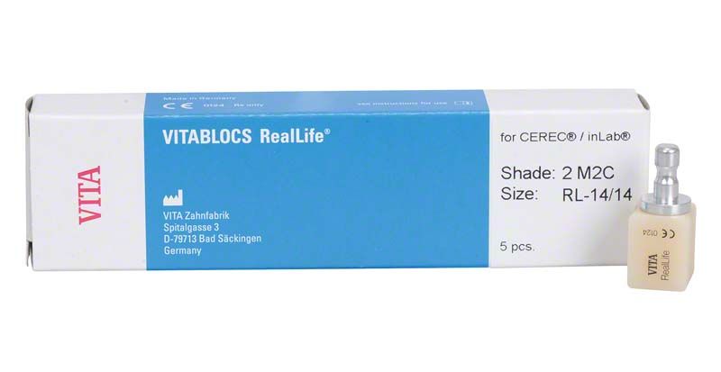 VITABLOCS RealLife CAD/CAM-Block in Originalverpackung mit Farbangabe 2M2C.