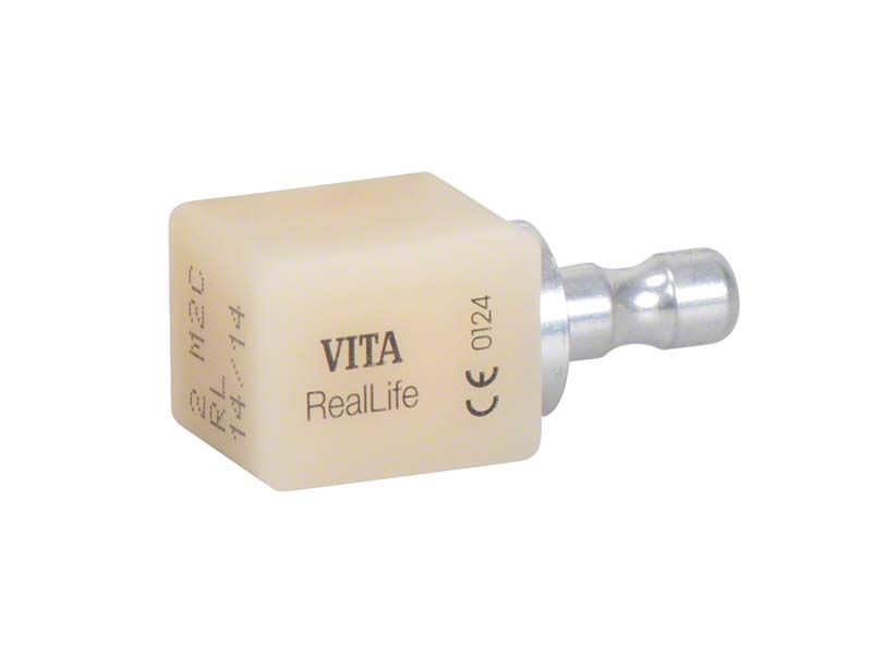 Vitablocs RealLife CAD/CAM-Block mit Aufdruck und metallischem Halter.
