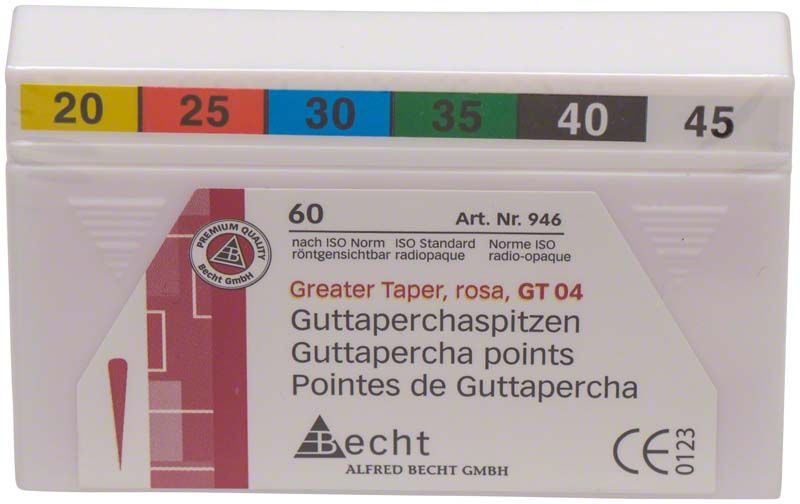 Rosa Guttaperchaspitzen GT 04 in Verpackung mit Größenangaben 020-045.