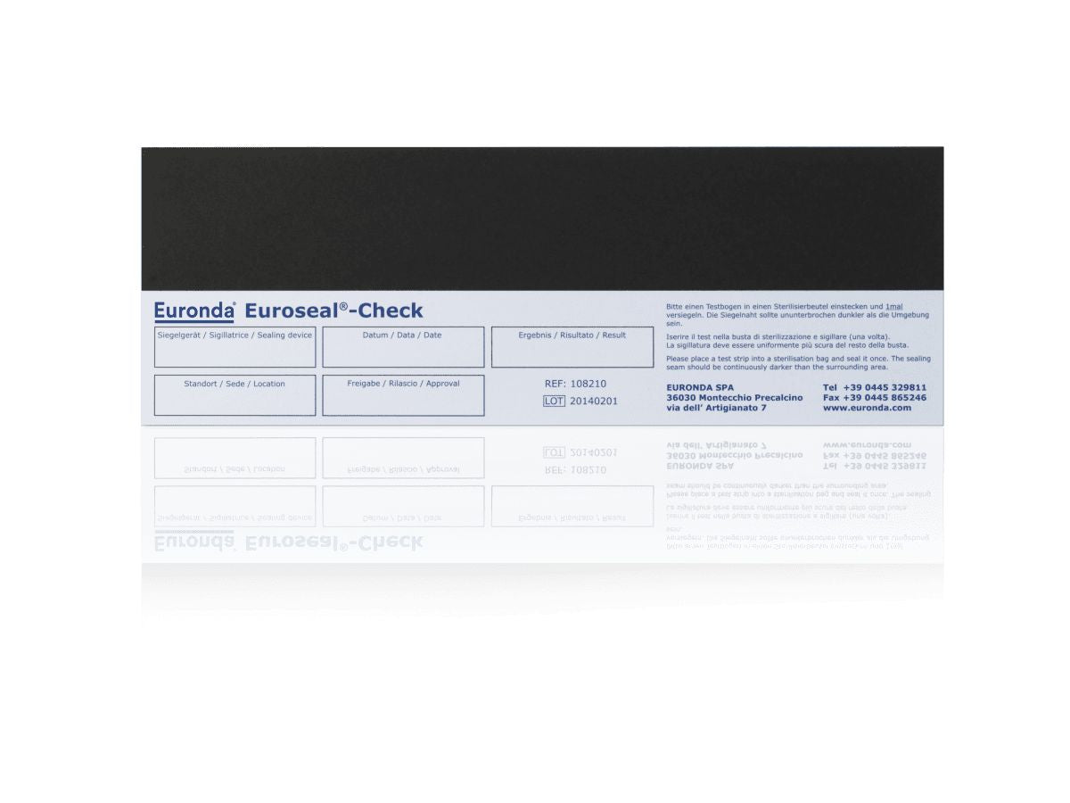 Euroseal-Check Testbogen mit Etikett und Produktinformationen auf weißem Hintergrund.