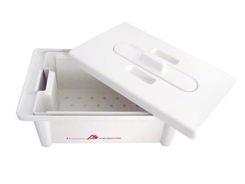 Instrumentendesinfektionswanne aus weißem Kunststoff mit abnehmbarem Deckel.