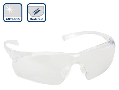 Klare H & W Panorama Schutzbrille mit Anti-Beschlag- und Kratzfest-Symbolen.