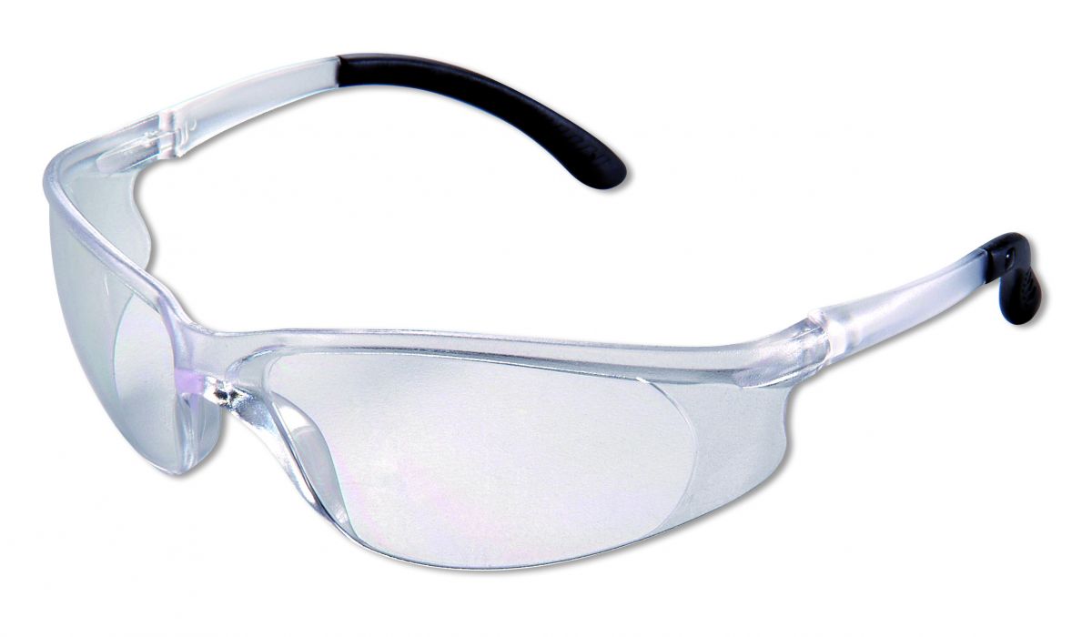 Transparente H & W Panorama Schutzbrille mit ergonomischen Bügeln und rutschfester Nasenbrücke.