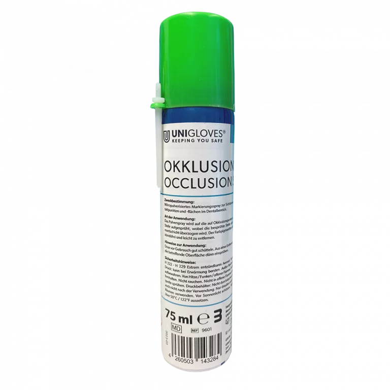 Unigloves Okklusionsspray mit grünem Deckel und Produktinformationen.