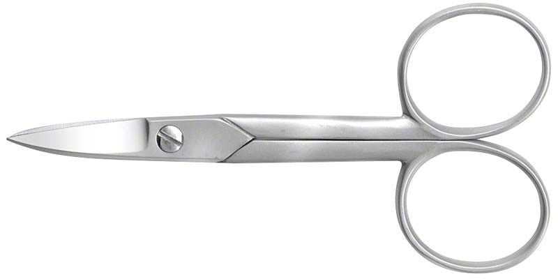 Tiefzieh-/ Folienschere gebogen aus rostfreiem Edelstahl mit feiner Zahnung.