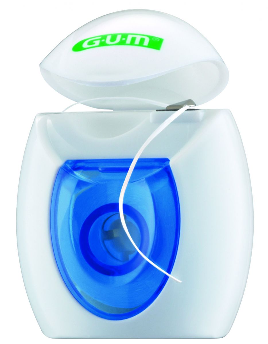 GUM® EASY FLOSS Zahnseide mit blauer Spenderbox und geöffneter Abdeckung.