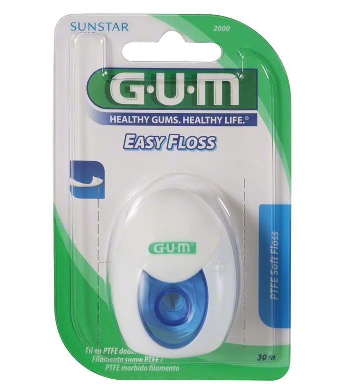 GUM® EASY FLOSS in weißer Spenderbox mit grün-blauer Verpackung.