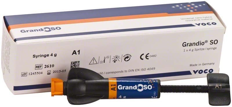 GrandioSO Spritze A1 mit Verpackung und Produktinformationen.