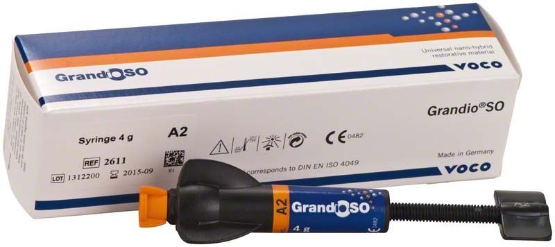 GrandioSO Spritze A2 mit Verpackung und sichtbarem Farbsystem.