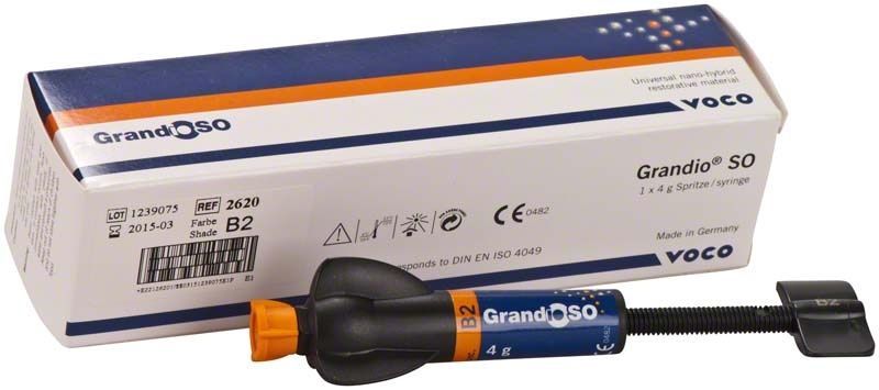GrandioSO Spritze B2 mit Verpackung, Dentalprodukt von VOCO.