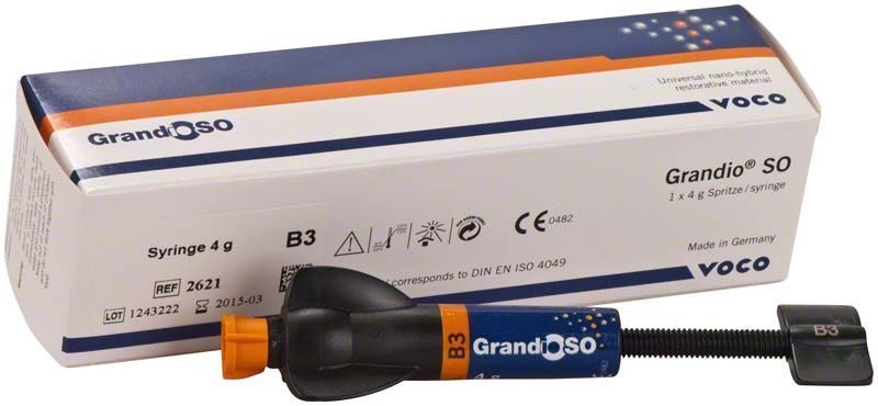 GrandioSO Spritze B3 mit Verpackung und Produktinformationen.