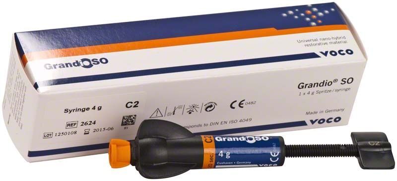 GrandioSO Spritze C2 mit Verpackung und Produktinformationen.