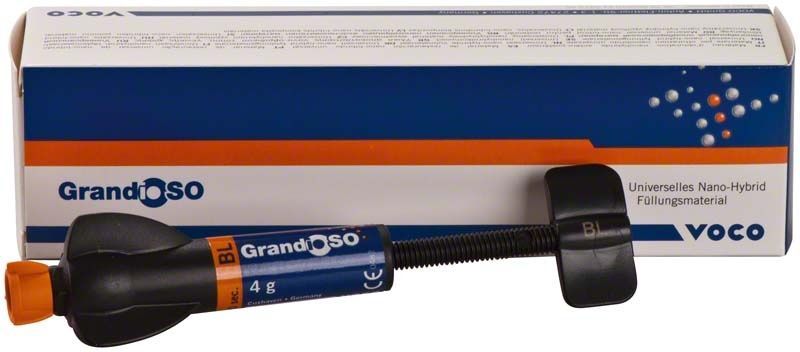 GrandioSO Spritze BL mit Verpackung für universelles Nano-Hybrid-Füllmaterial.