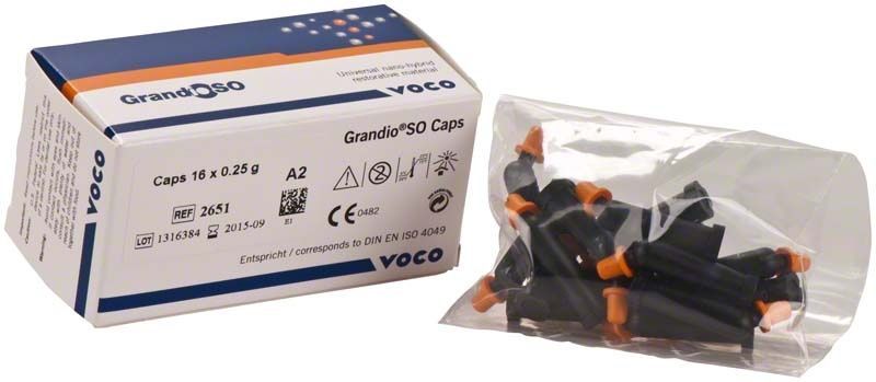 GrandioSO Caps A2 von Voco in Verpackung mit Beuteln und Kapseln.
