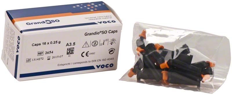 GrandioSO Caps A3,5 von Voco mit Verpackung und Kapseln.