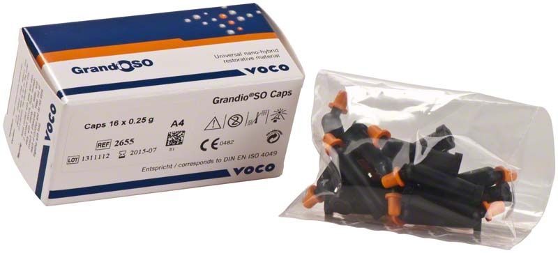 GrandioSO Caps A4 von Voco mit Verpackung und Inhalt.