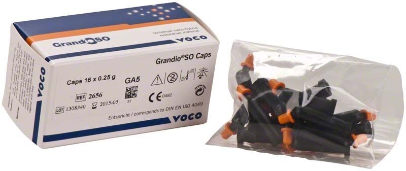 Verpackung und Beutel mit GrandioSO Caps GA5 Füllungsmaterial von Voco.