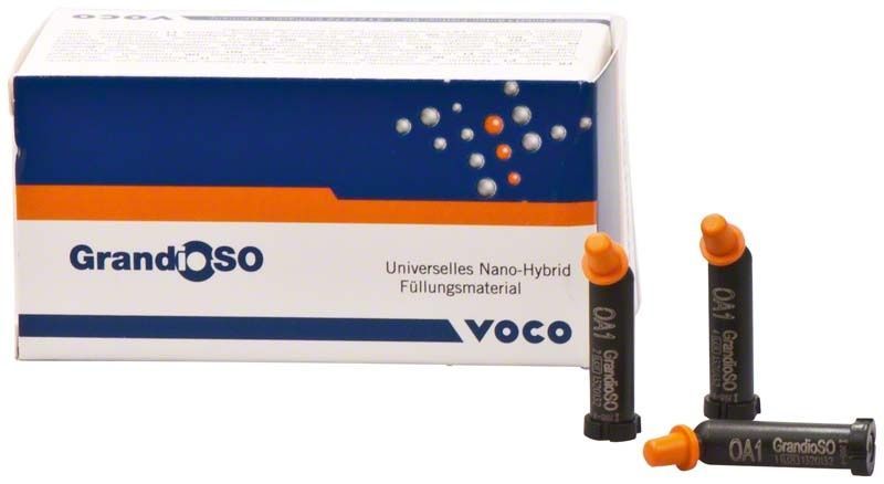 GrandioSO Caps OA1 Zahnfüllungsmaterial-Verpackung mit drei Applikationskapseln.