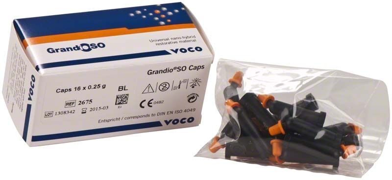 GrandioSO Caps BL Verpackung mit 16 schwarzen Kapseln und orangefarbenen Spitzen.
