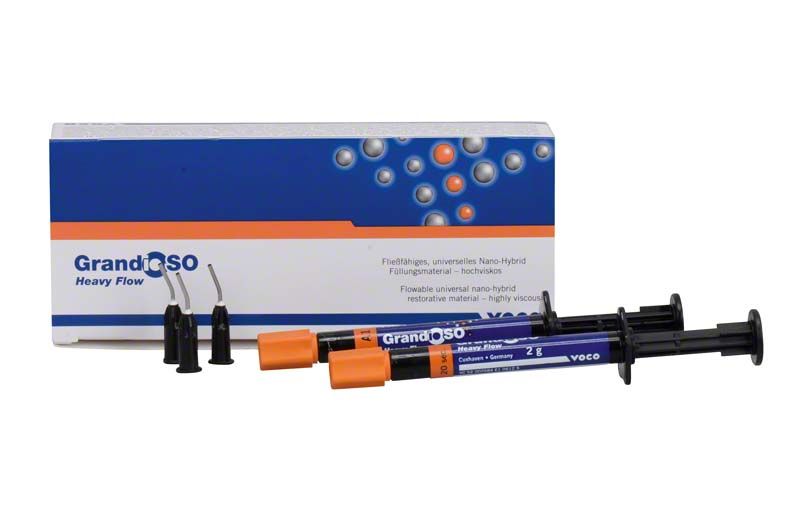 GrandioSO Heavy Flow Spritzen A1 mit Verpackung und Applikationsspitzen.