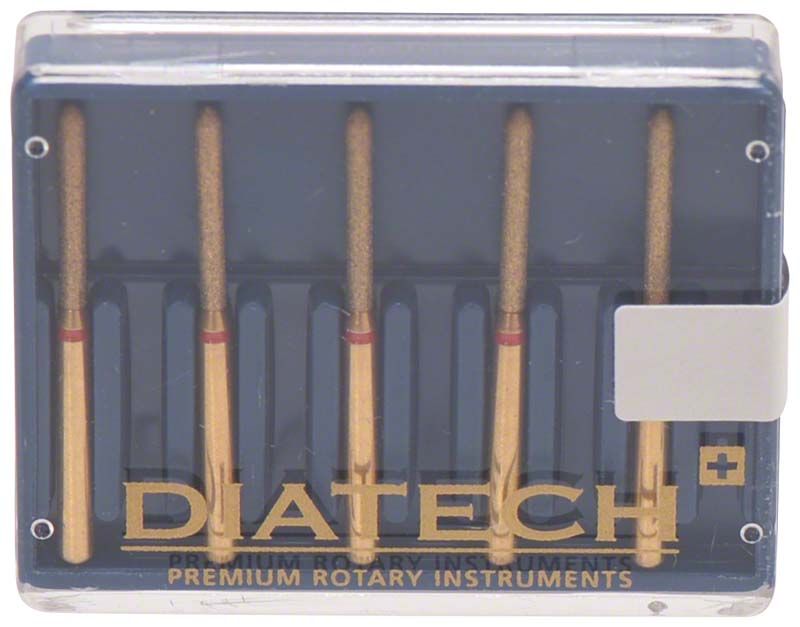 Diatech Diamant FG 879 014 10F in Kunststoffbox mit fünf rotierenden Instrumenten.