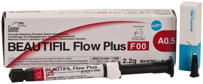 BEAUTIFIL Flow Plus F00 SA0,5 Spritze und Verpackung mit Applikationsaufsatz.