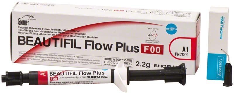 BEAUTIFIL Flow Plus Spritze F00 A1 mit Verpackung und Zubehör.