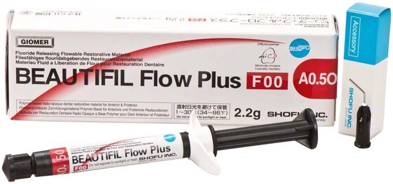 BEAUTIFIL Flow Plus F00 Spritze und Verpackung mit Produktinformationen.
