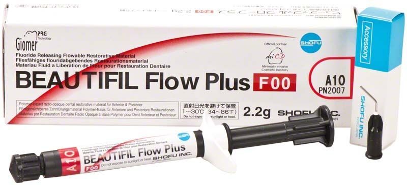 BEAUTIFIL Flow Plus Spritze F00 A10 mit Verpackung und Applikatorspitze.