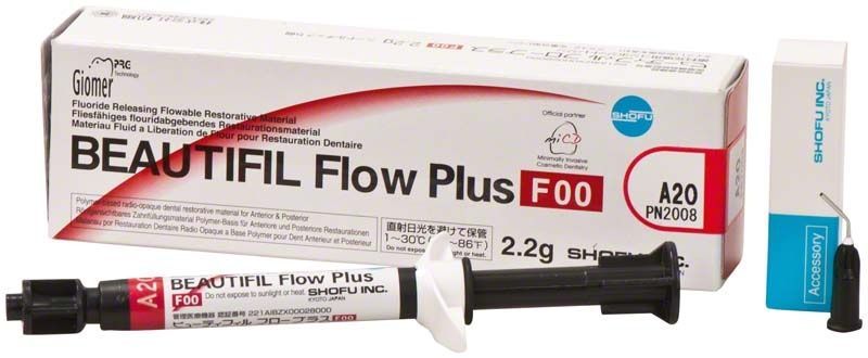 BEAUTIFIL Flow Plus Spritze F00 A2O mit Verpackung im Hintergrund