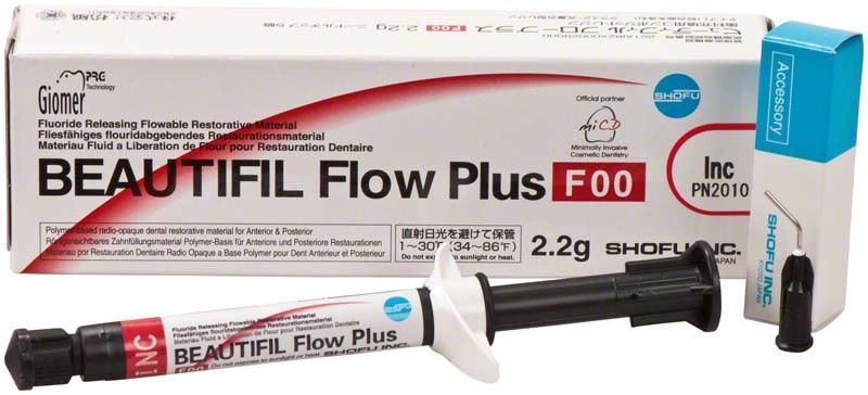 BEAUTIFIL Flow Plus F00 Spritze und Verpackung mit Zubehöransicht.