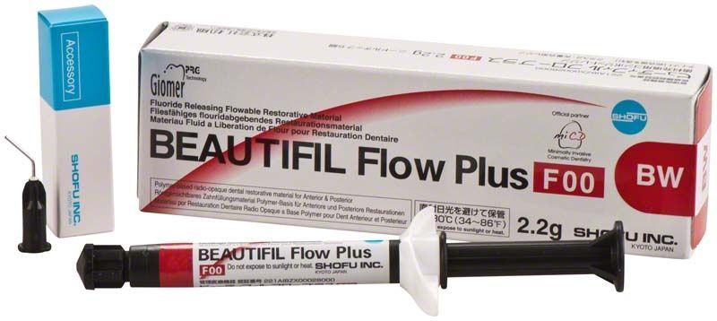 BEAUTIFIL Flow Plus Spritze F00 BW mit Verpackung und Applikationsspitze.