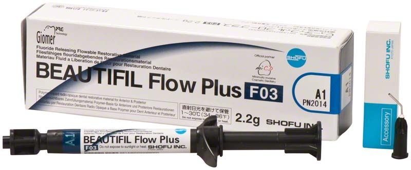 BEAUTIFIL Flow Plus Spritze F03 A1 mit Verpackung und Zubehör.