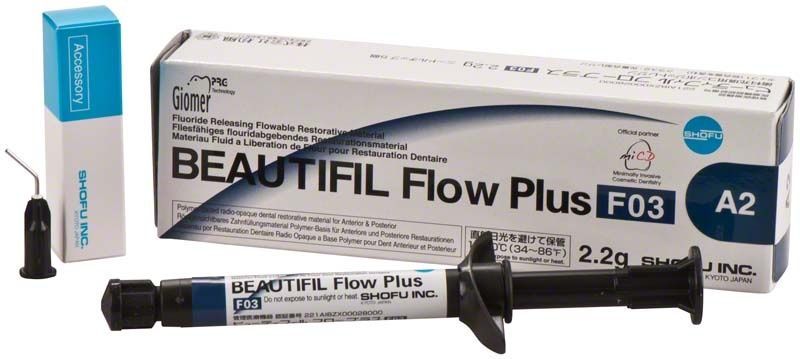 BEAUTIFIL Flow Plus Spritze F03 A2 mit Verpackung und Applikatorspitze.